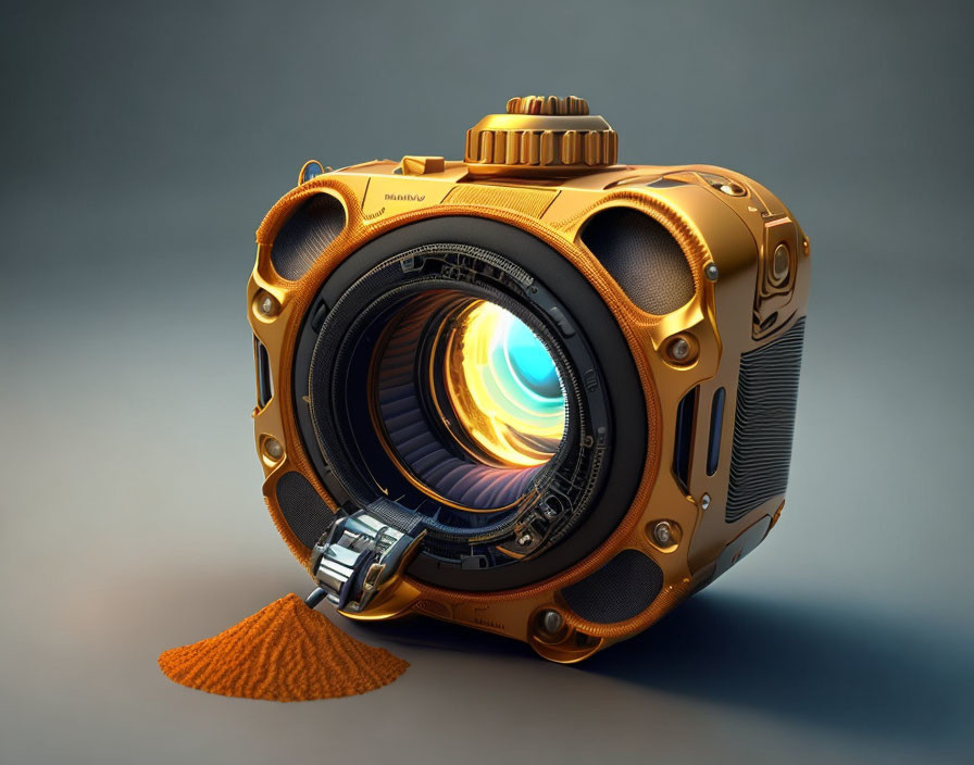 Futuristic orange camera with large lens and intricate details on gray surface.