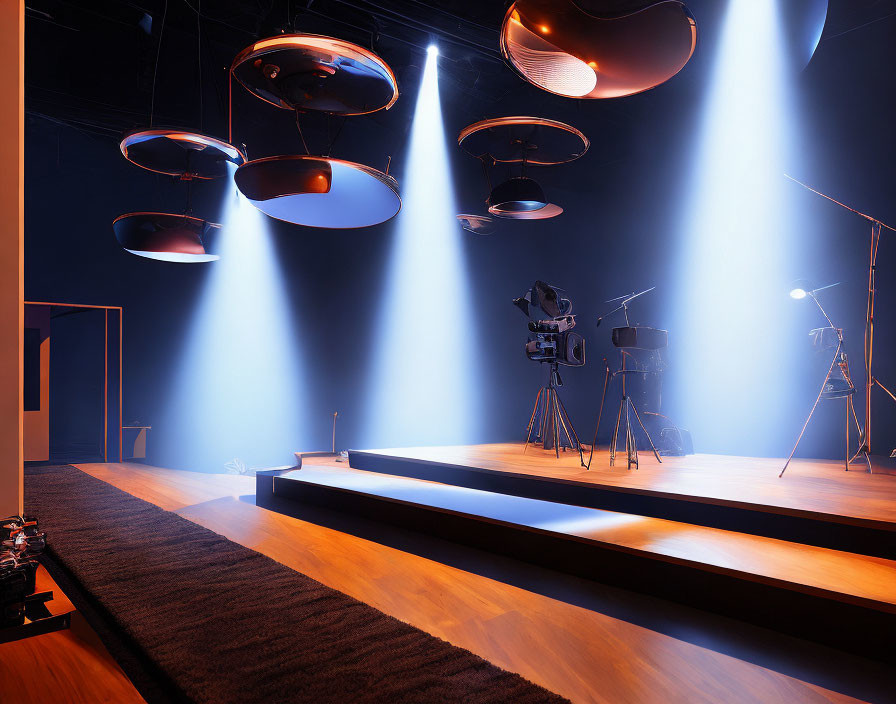 Contemporary Stage Design with Blue Lighting and Copper Overhead Lights