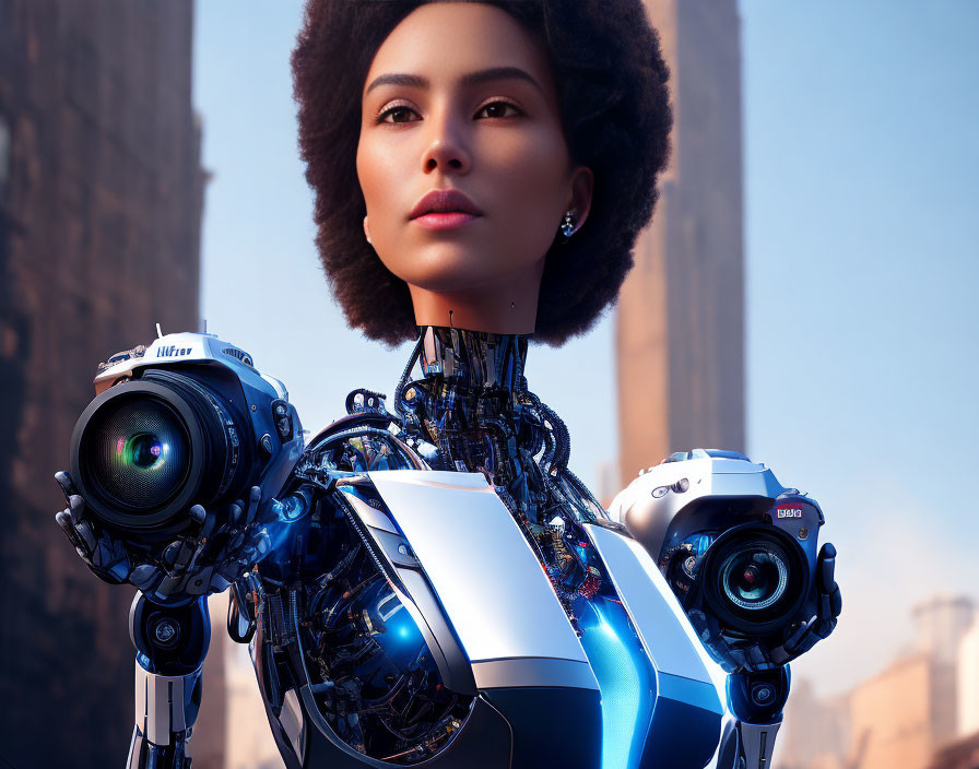 Detailed female robot with human-like face and cameras for eyes in urban setting