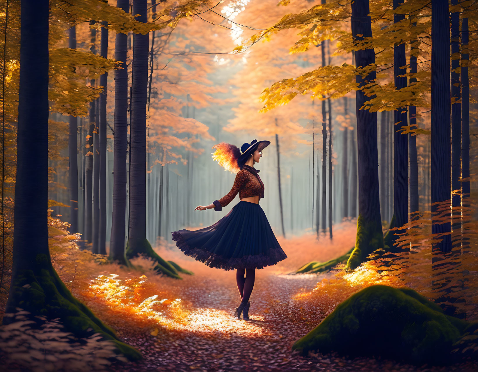 Person in skirt and hat in sunlit autumn forest with golden leaves