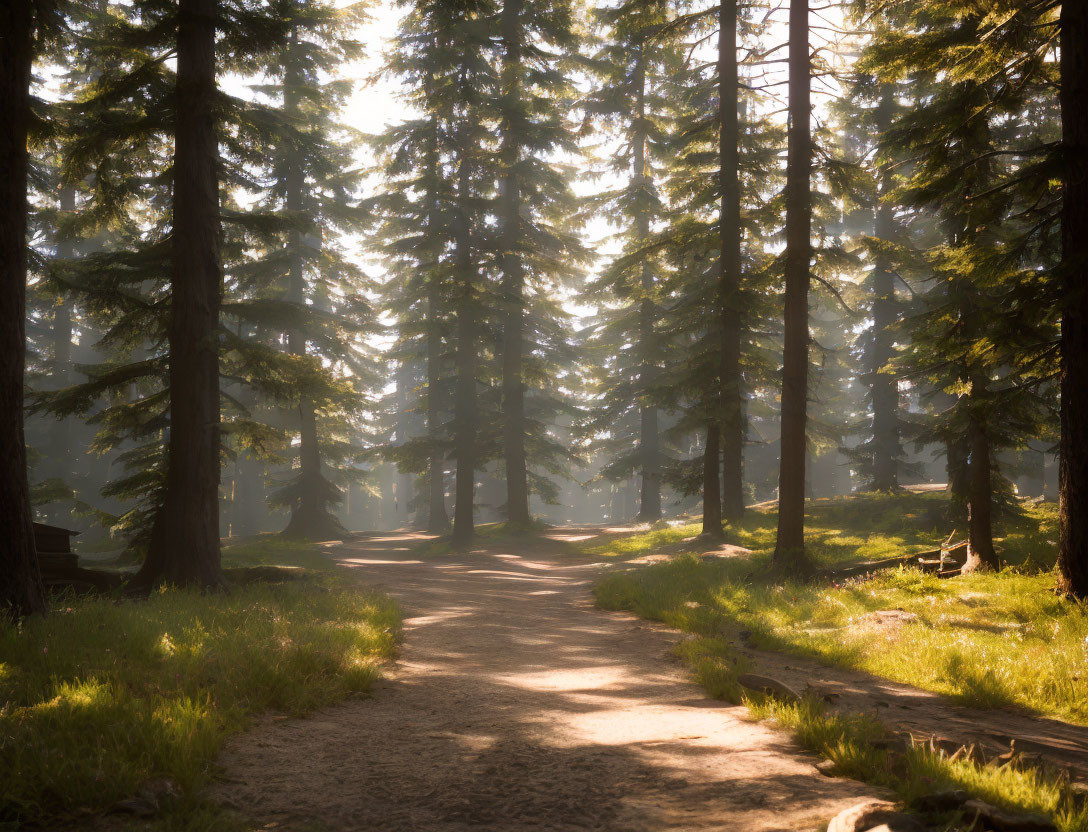 Tranquil forest scene with sunlight filtering through towering pine trees