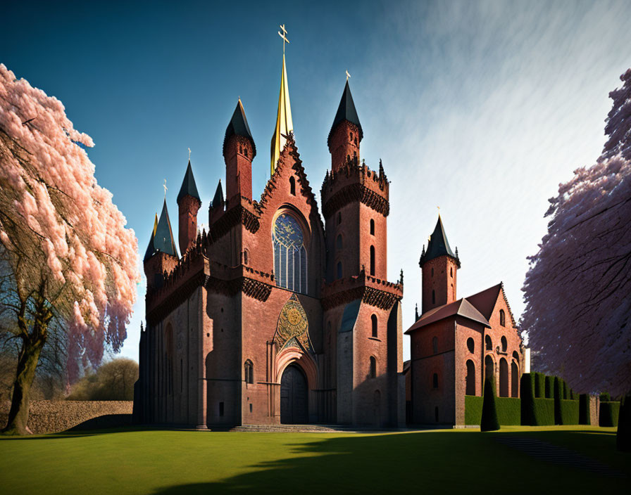 Gothic-style castle with spires, cherry blossom trees, and blue sky