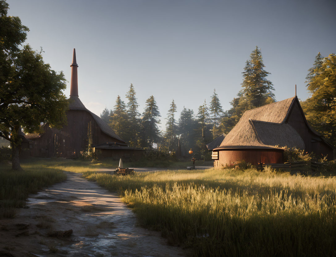 Thatched-Roof Cottage & Wooden Tower in Rural Landscape at Sunrise or Sunset