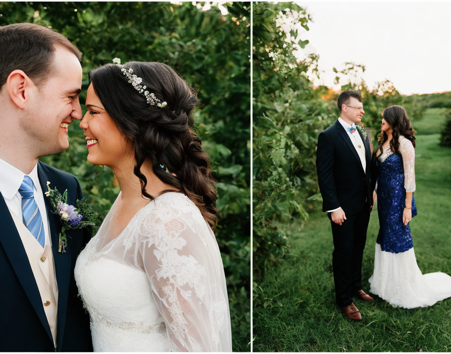 Wedding attire: happy couple in blue suit and white lace dress amid lush green backdrop