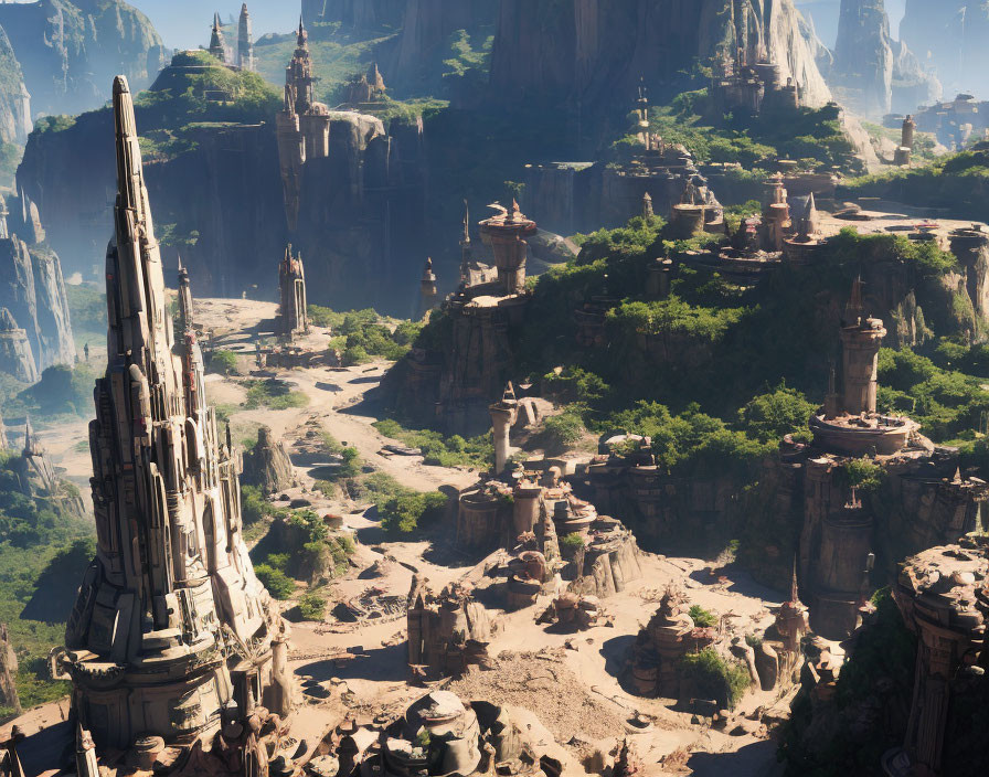 Fantasy landscape with towering spires and ancient ruins in rugged canyon