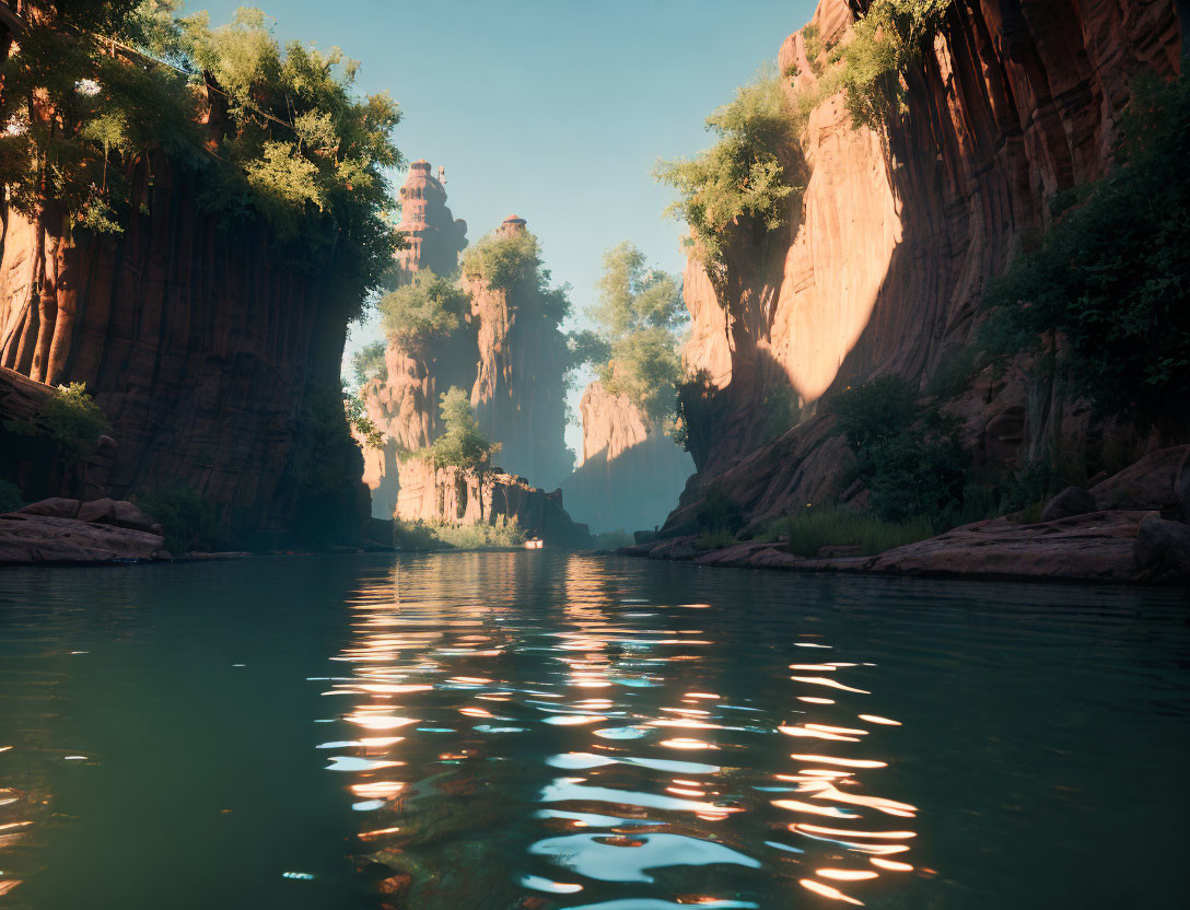 Tranquil river in canyon with towering cliffs and lush greenery