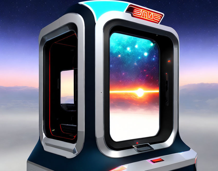 Futuristic space capsule with galaxy view and sunrise horizon