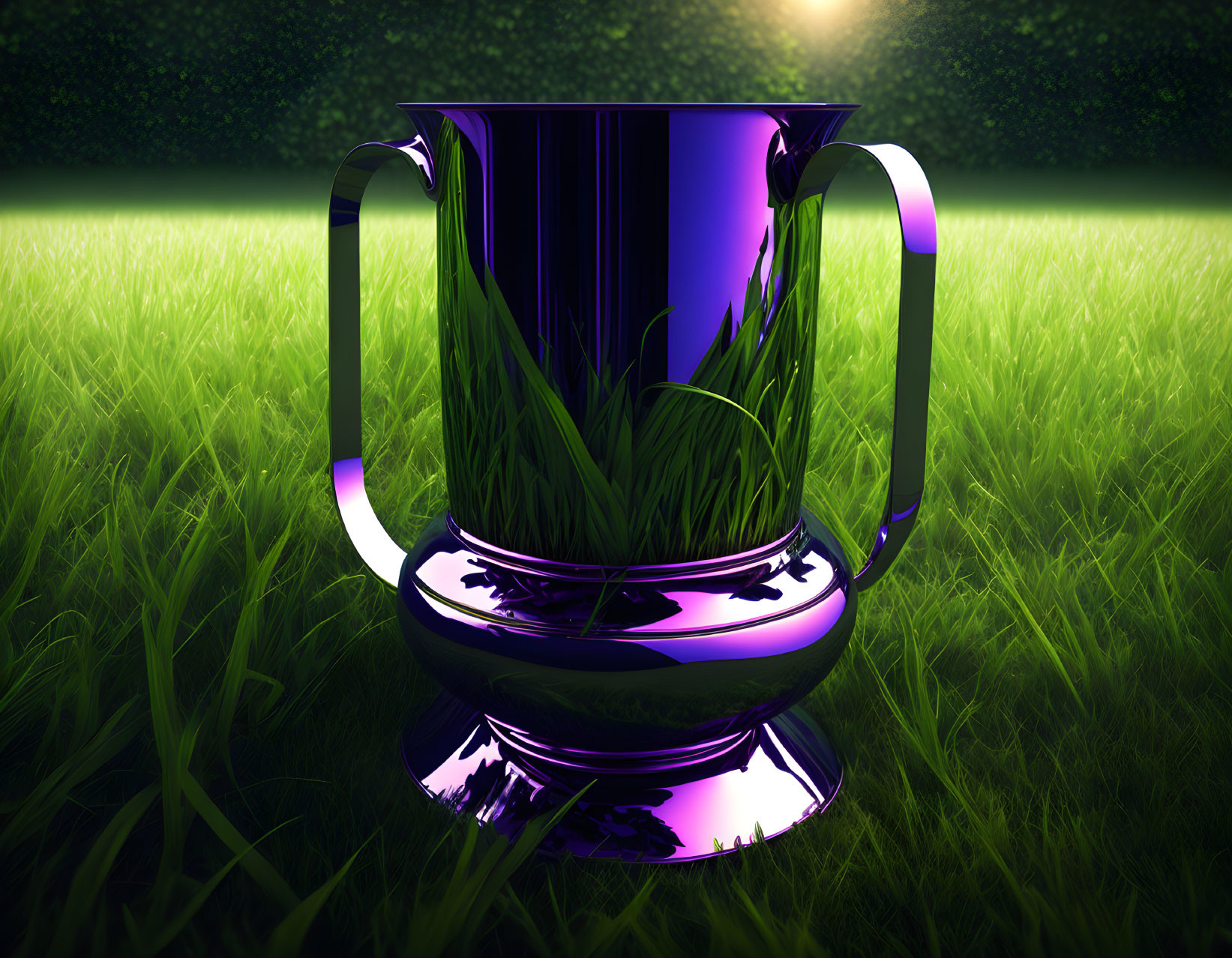 Shiny purple trophy with two handles on grass in soft sunlight