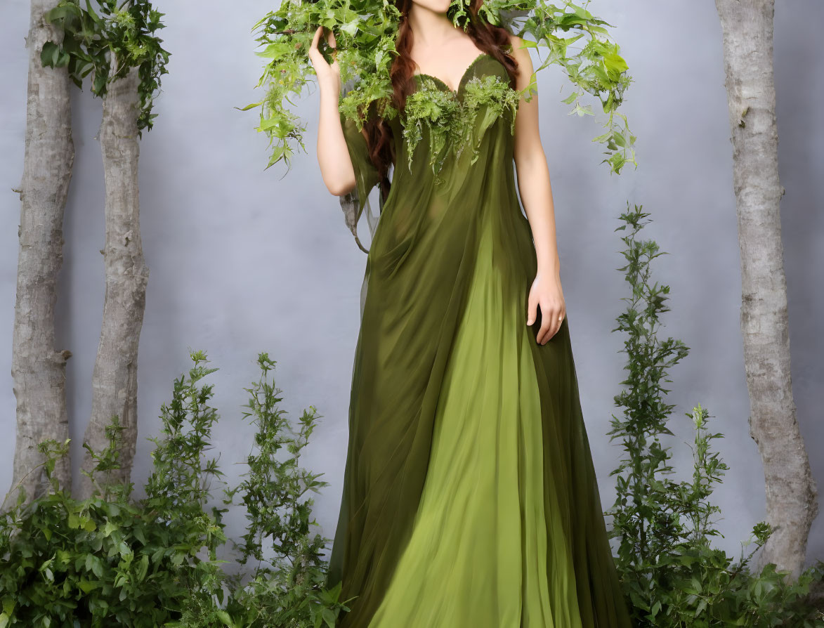 Woman in green gown among birch trees in serene scene