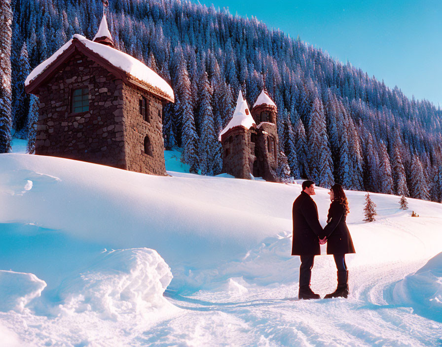 Couple holding hands in snow with stone building and pine forest backdrop