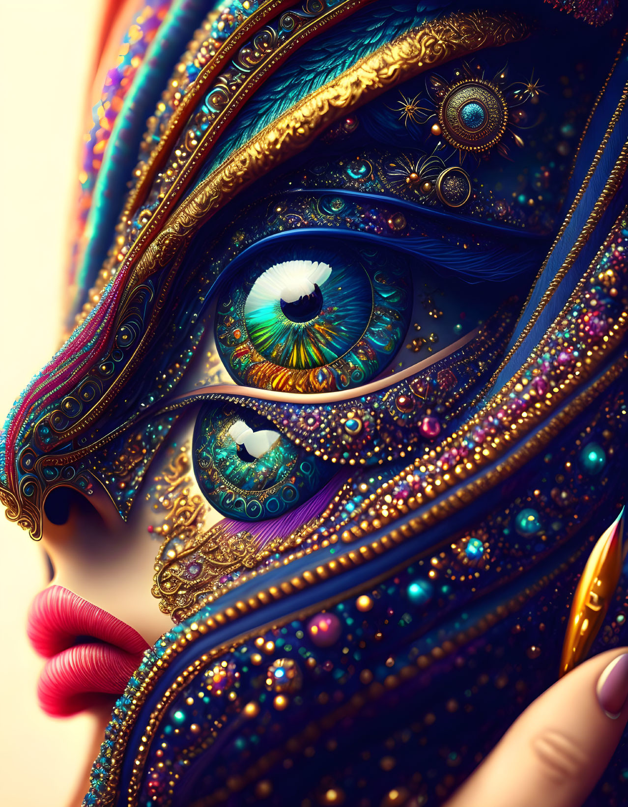 Stylized portrait with ornate eyes and jeweled patterns in warm tones