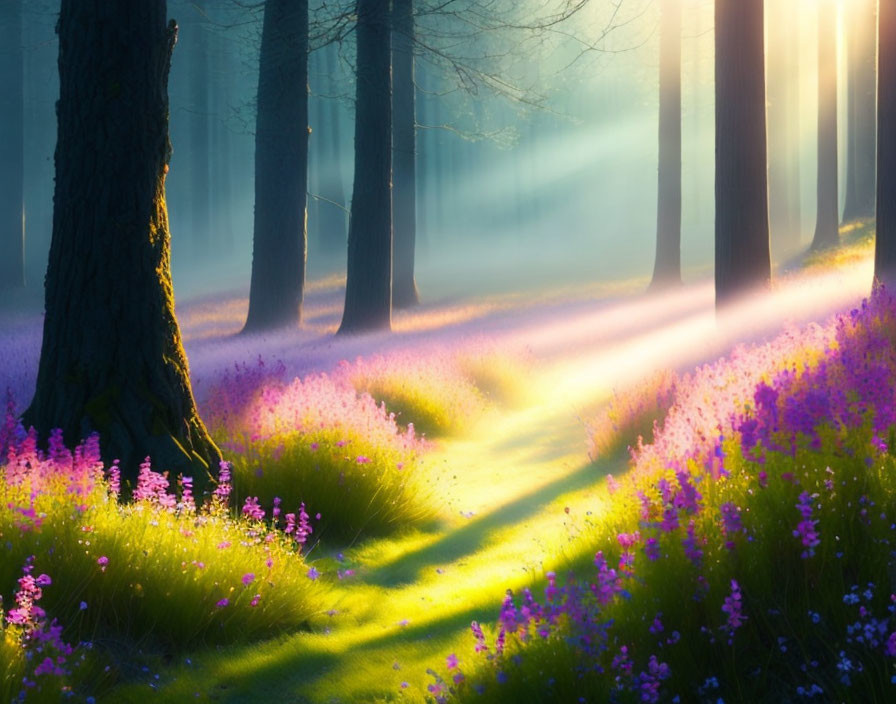 Misty forest scene with sunlight, green grass, wildflowers, and tree trunks