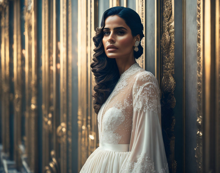 Elegant woman in white lace dress beside ornate golden walls