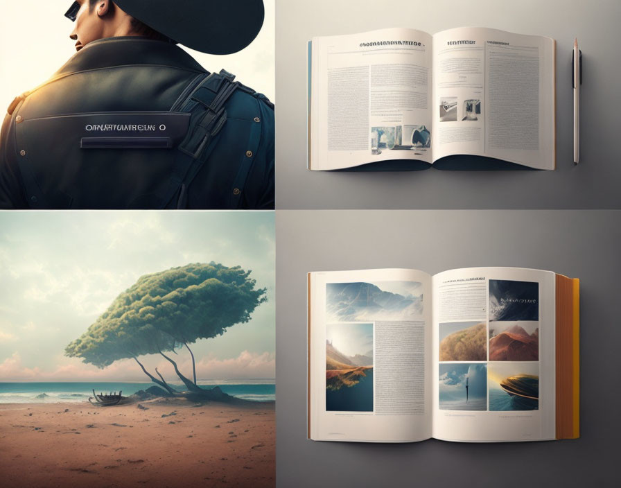 Collage of person with futuristic backpack, open book, solitary tree on beach, and book with landscape