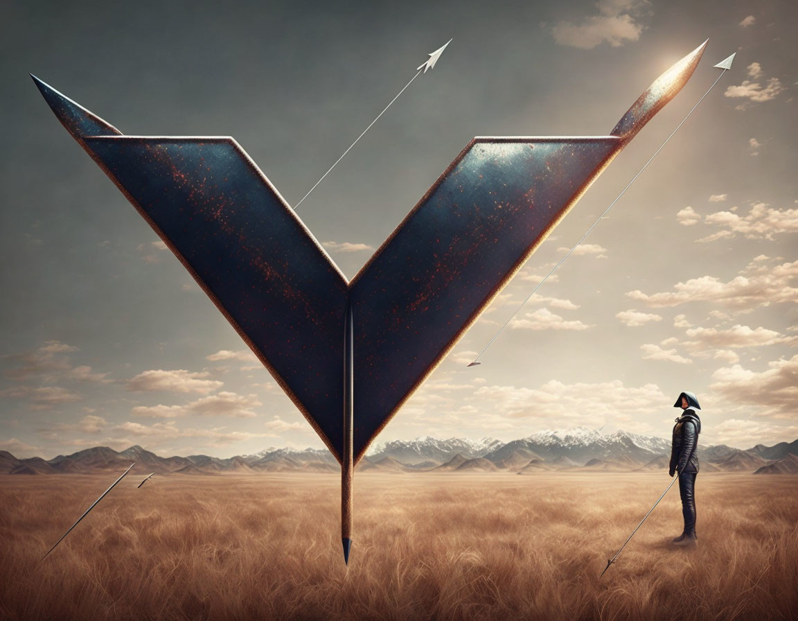 Giant metallic V-shaped structure in field with arrows, mountains, cloudy skies