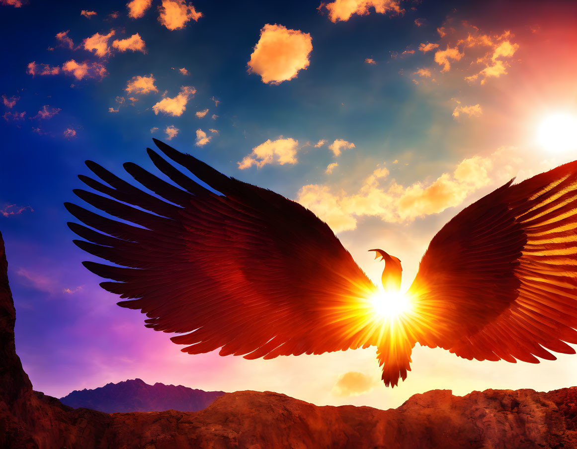 Large bird silhouette flying towards vibrant sunset with mountains and clouds.