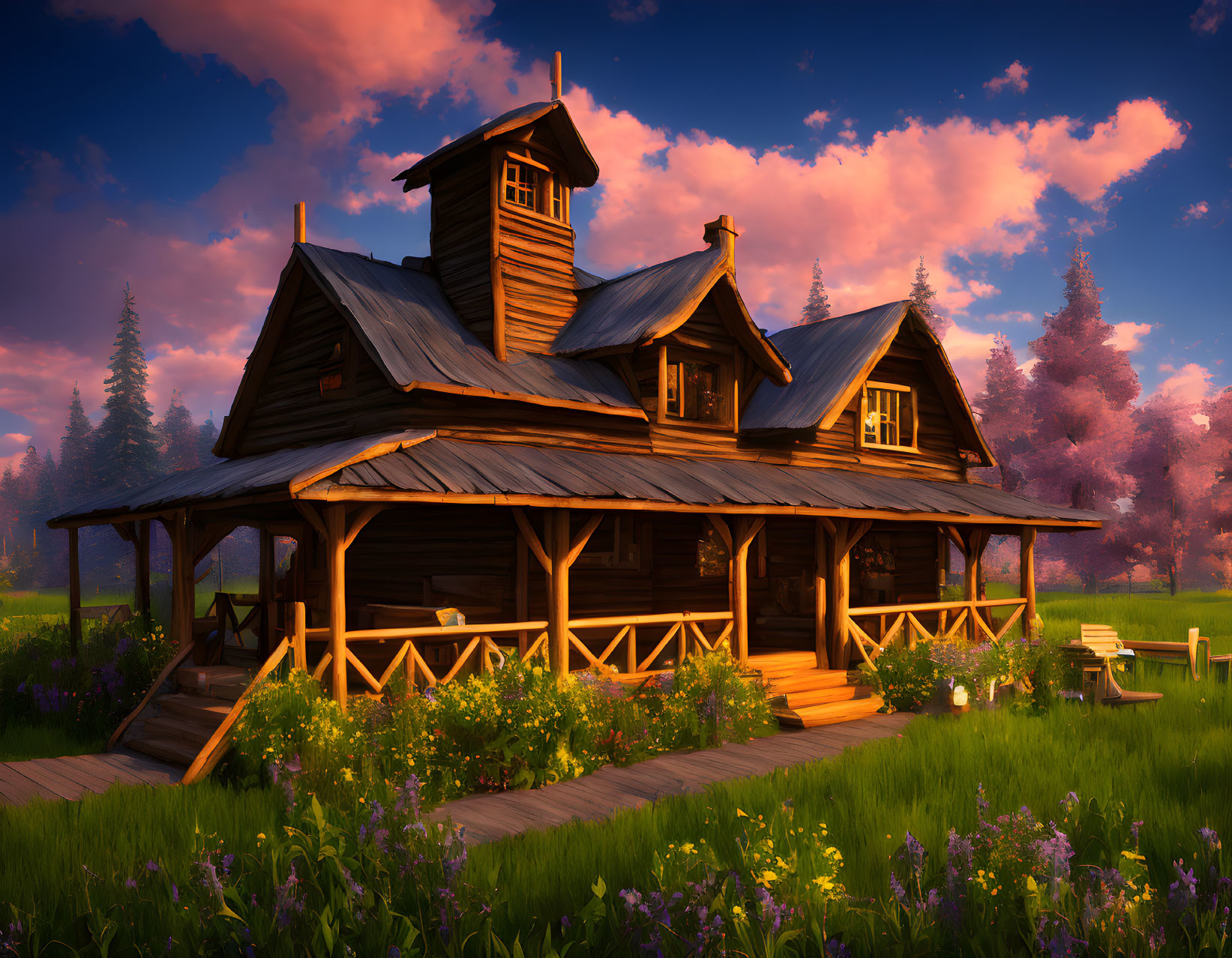 Rustic wooden cabin with porch amidst wildflowers at sunset