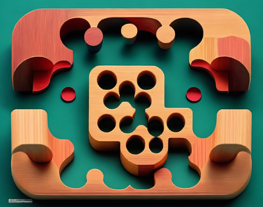 Interlocking wooden puzzle pieces on green background