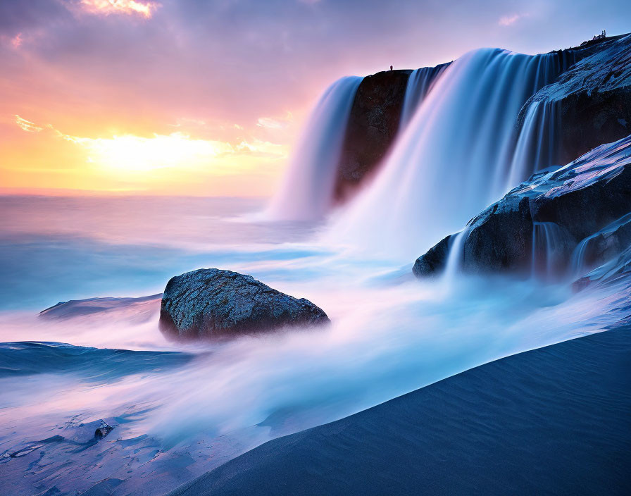 Sunset waterfall on beach: pink and blue sky, silky water, sandy shores