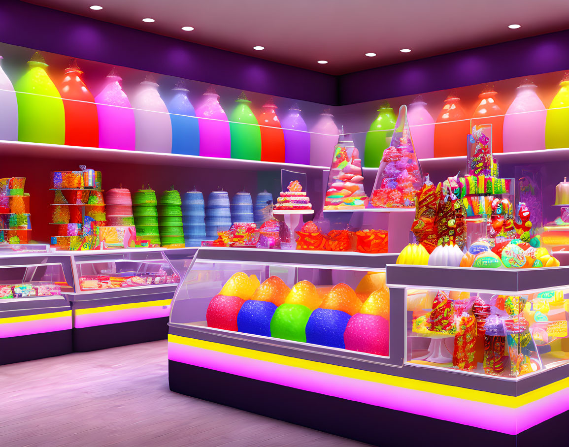 Colorful Candy Store Interior with Neon Lights and Assorted Candies