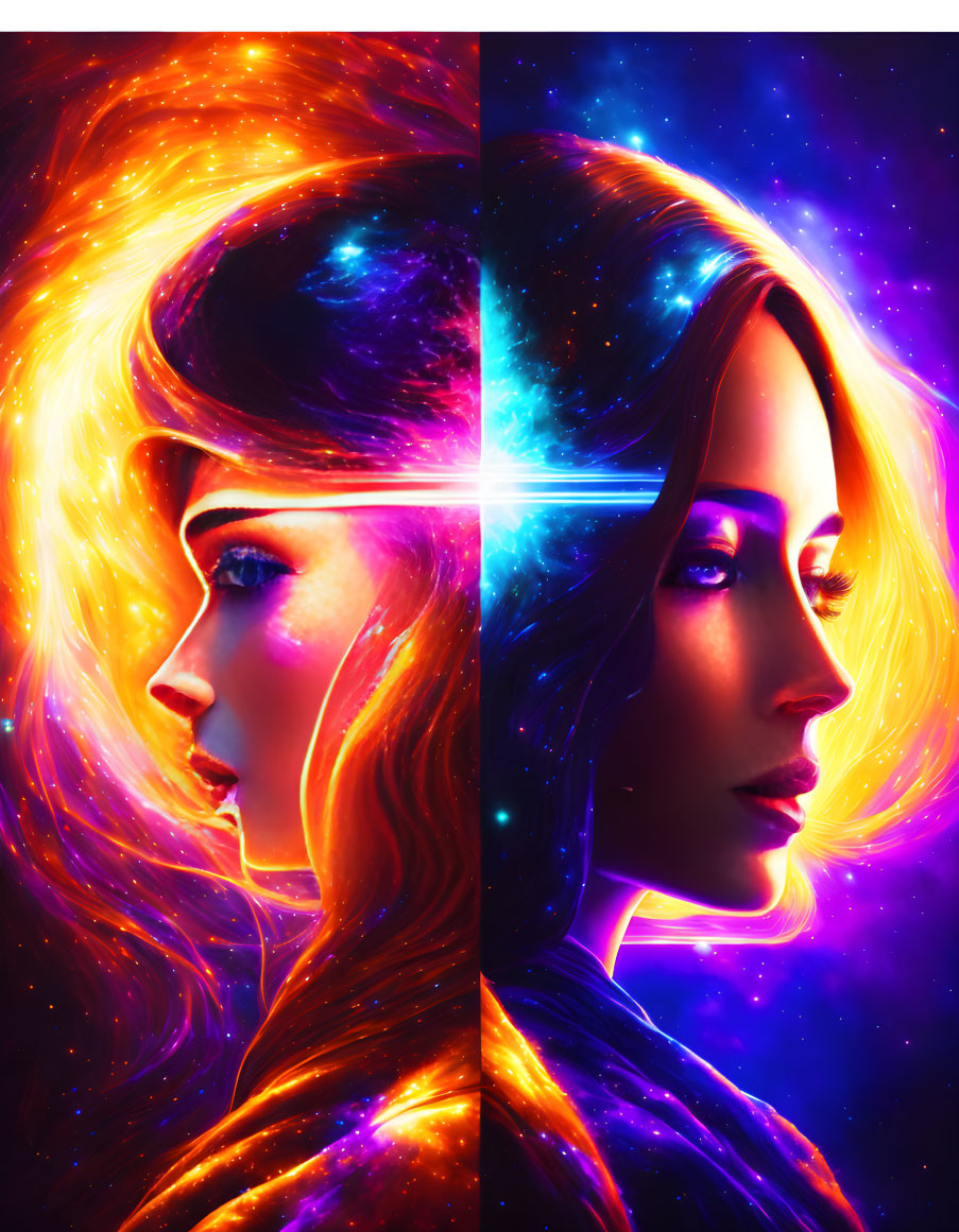 Colorful digital artwork featuring woman's profile with cosmic and fiery themes