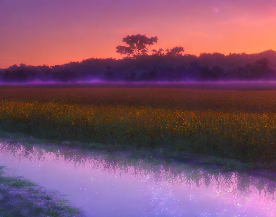 Tranquil twilight landscape with purple and orange sky, mirrored in calm water, yellow flowers, mist