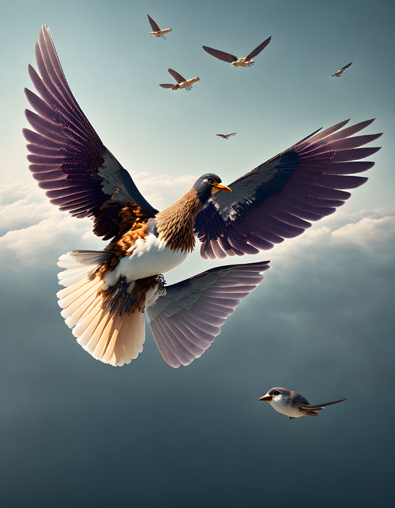 Colorful Birds in Mid-Flight Against Cloudy Sky