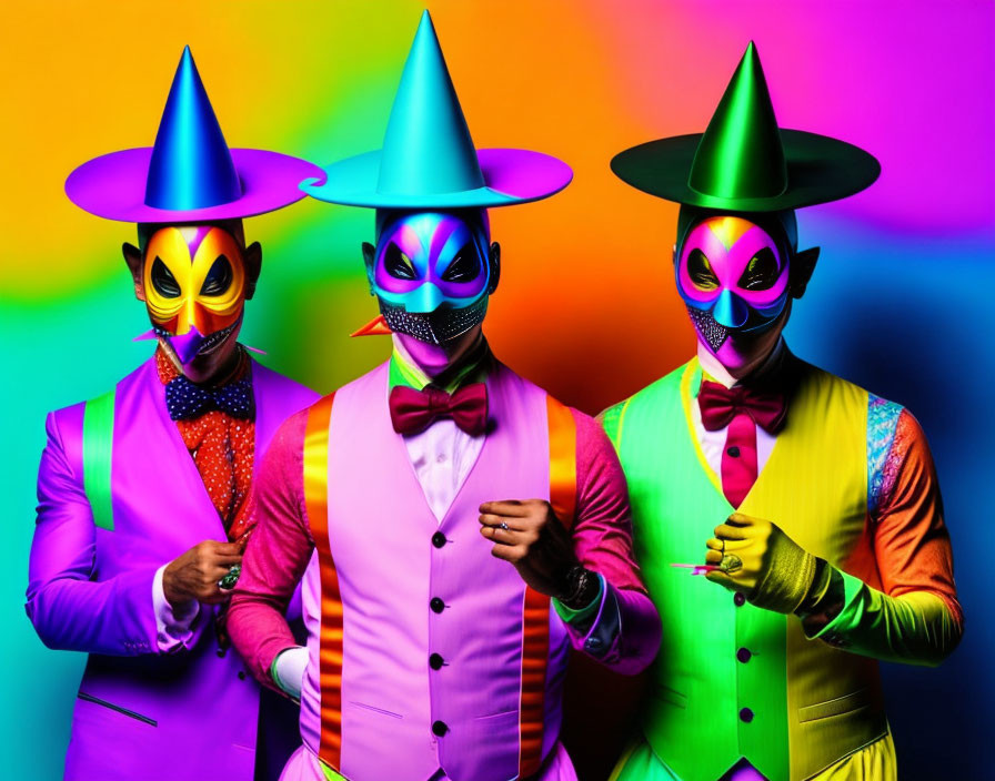 Colorful individuals in vibrant suits and pointed masks on multicolored background