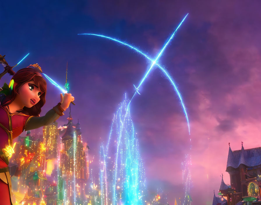 Animated character casting spell with wand in twilight sky over magical cityscape