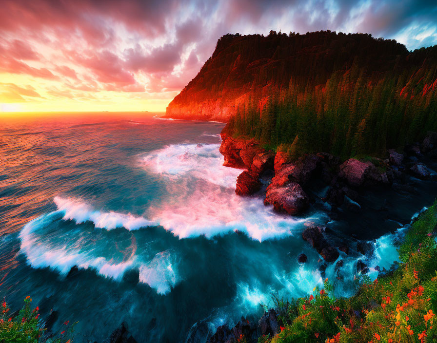 Fiery skies over turquoise waves and rugged cliff with red flowers