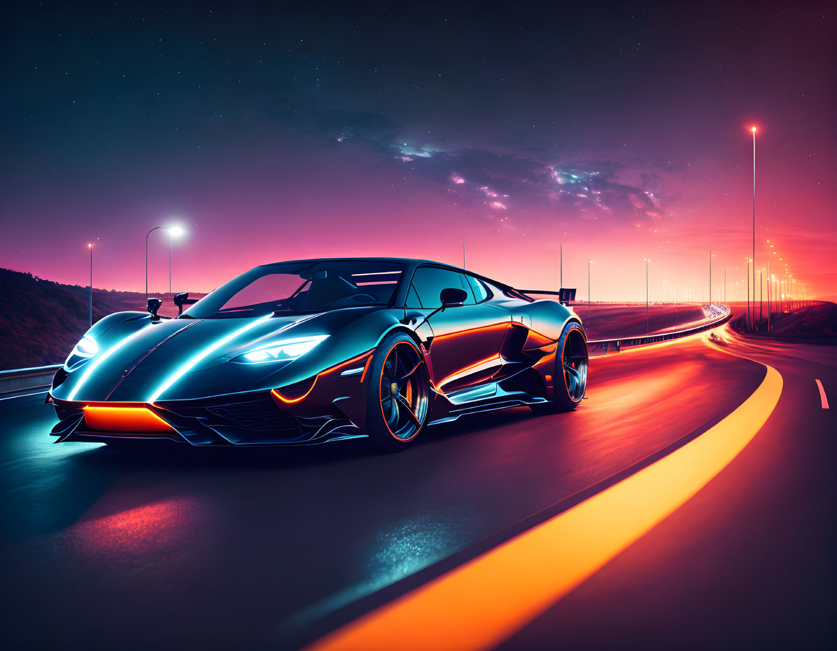 Black sports car with orange accents parked on road at dusk under violet sky