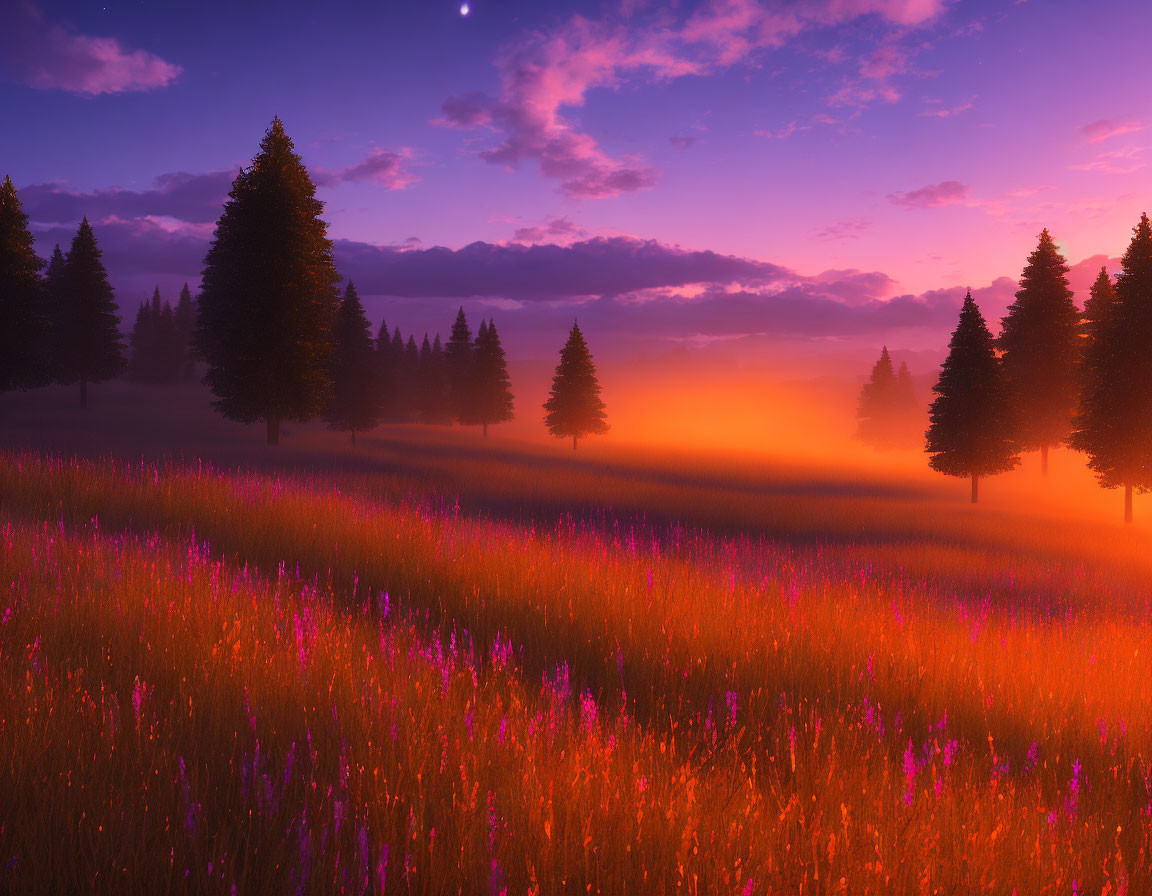 Vibrant sunset over tall grasses and silhouetted pine trees