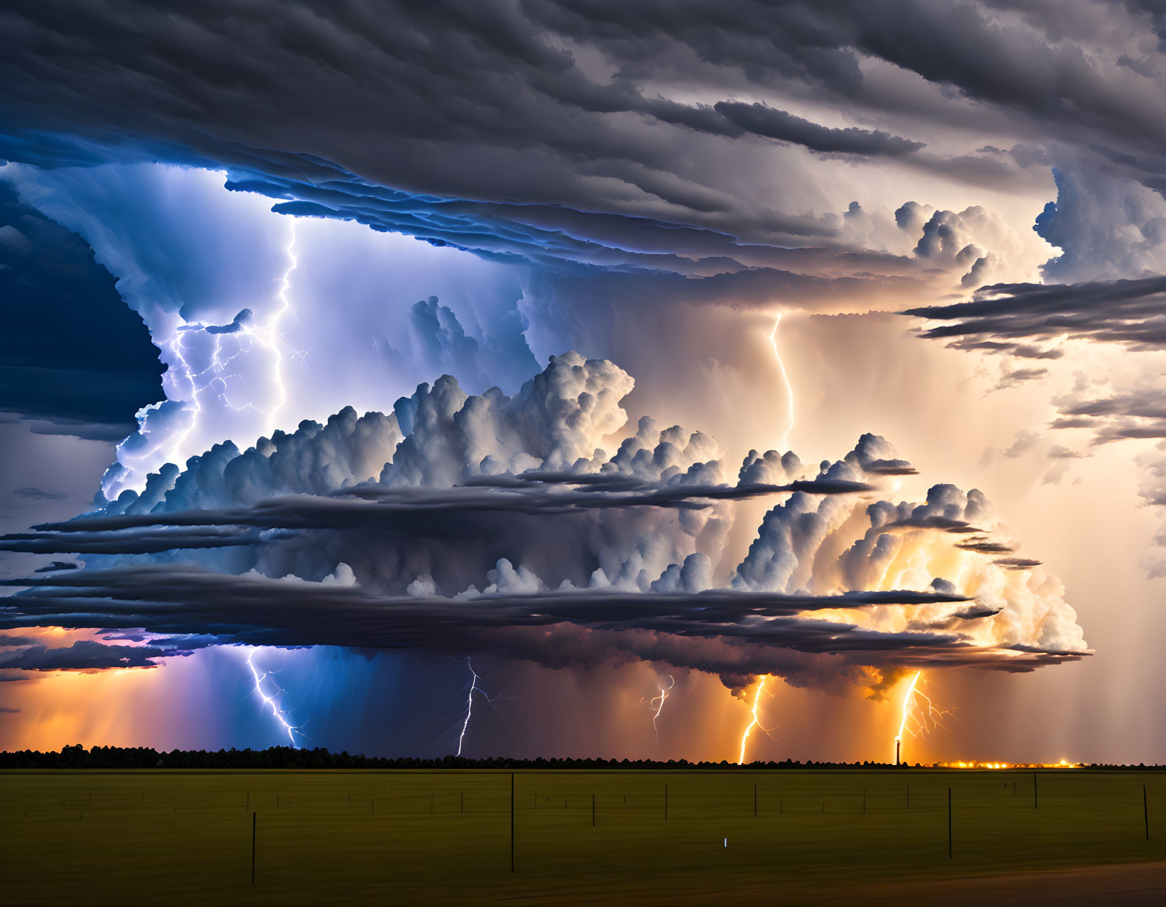 Layered Clouds and Lightning Storm Over Open Field