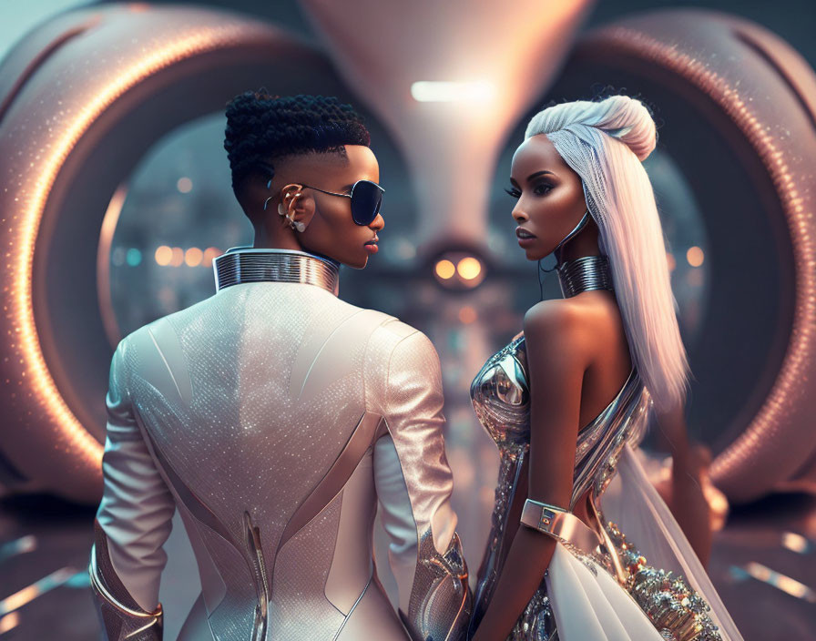 Futuristic individuals in stylish outfits and hairstyles in metallic tunnel