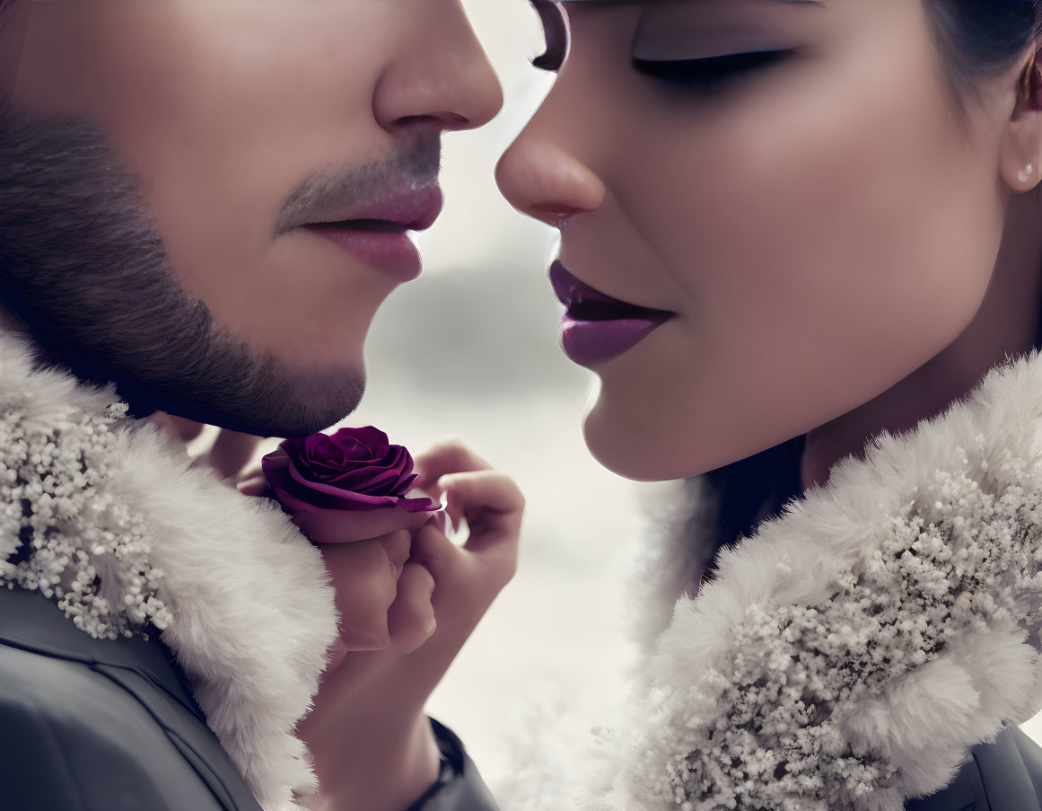 Man and woman in fur-trimmed coats with red rose, close-up shot