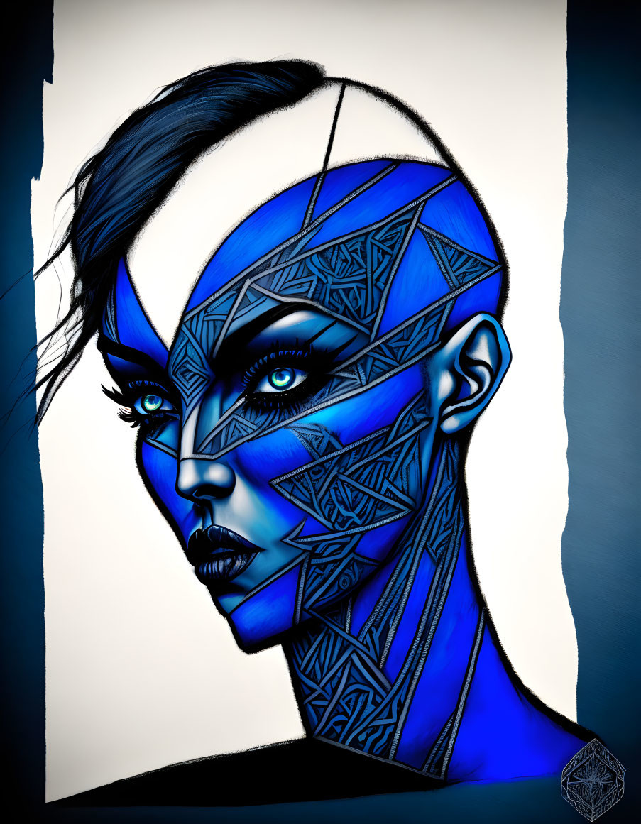 Geometric patterned woman in blue on dark background