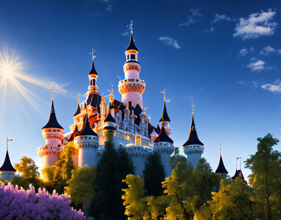 Majestic fairy tale castle with tall spires under blue sky