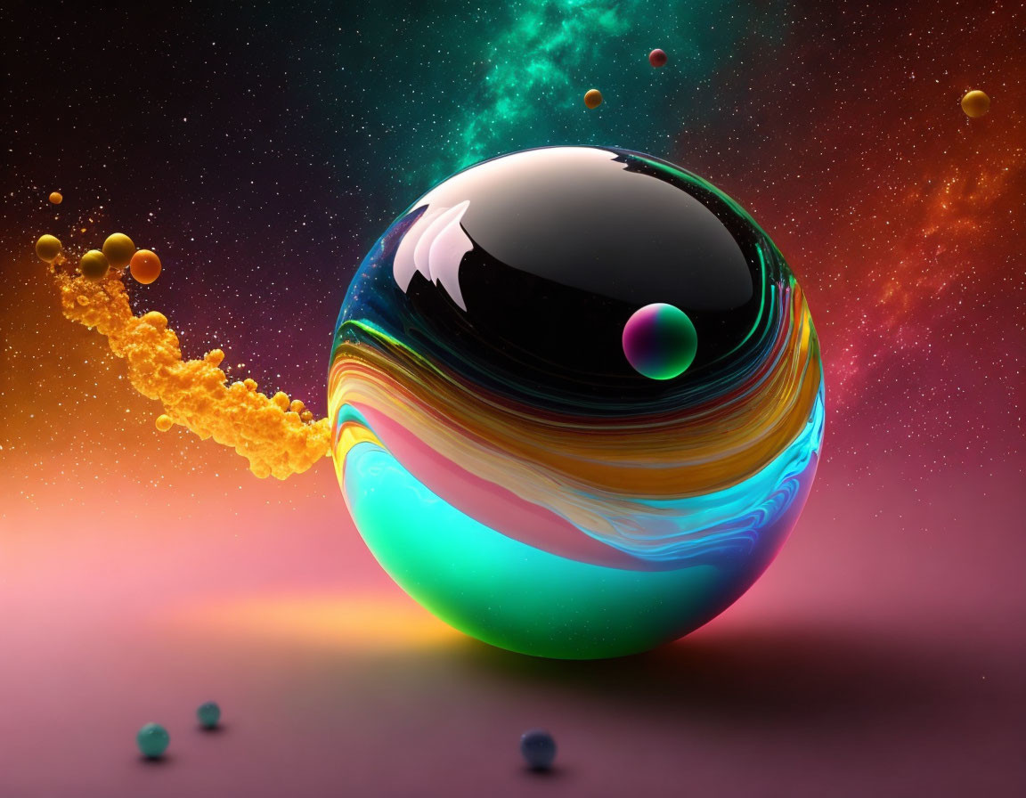 Colorful swirling sphere art against cosmic backdrop