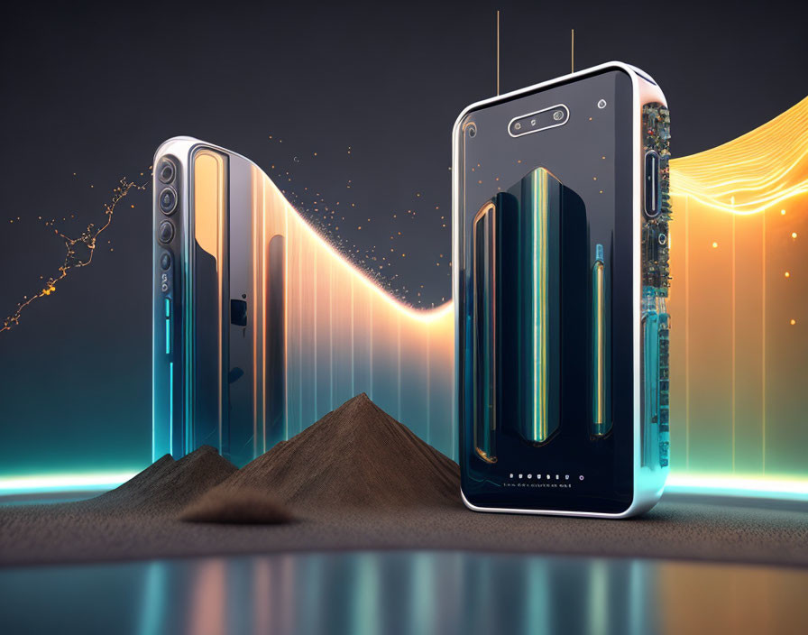 Futuristic smartphones on reflective surface against dark background