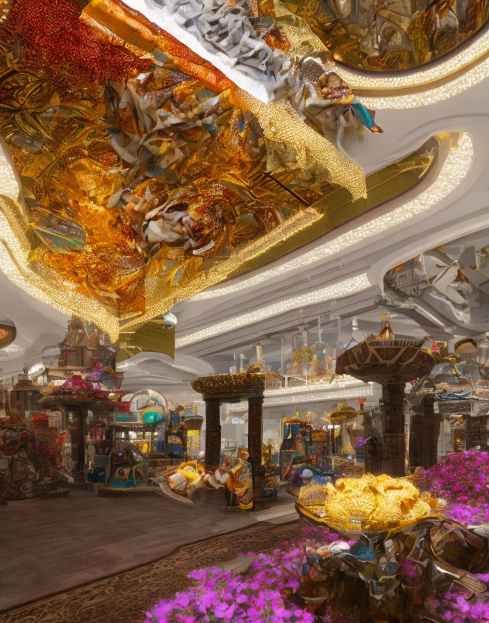 Luxurious Store Interior with Golden Ceiling Decor and Purple Flowers