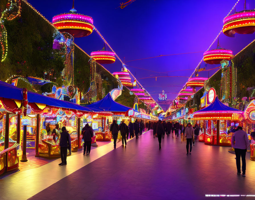 Colorful Night Market with Bright Lanterns and Crowds