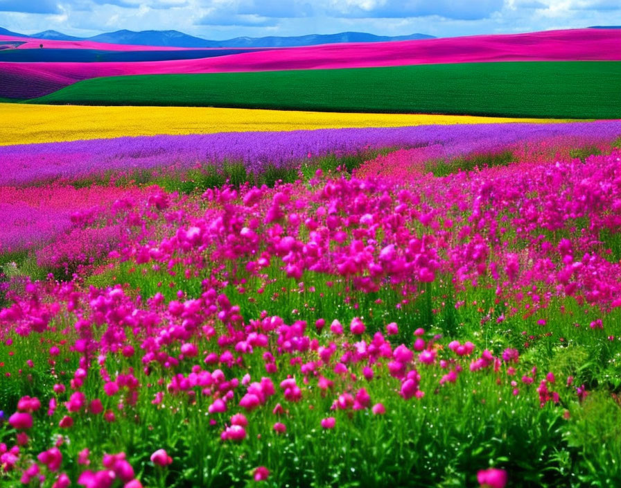 Colorful Blooming Fields Under Partly Cloudy Sky