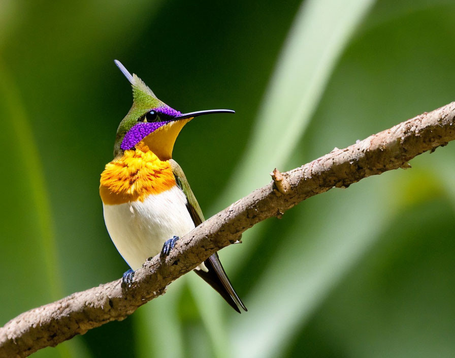 Colorful hummingbird on branch with green, purple, and orange plumage