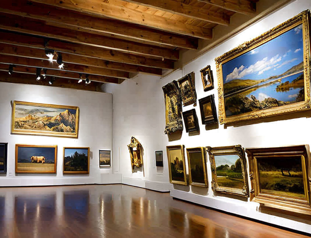 Wooden-floored art gallery showcasing framed landscape paintings under warm lighting