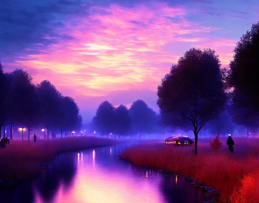 Tranquil canal at twilight with vibrant purple and pink skies