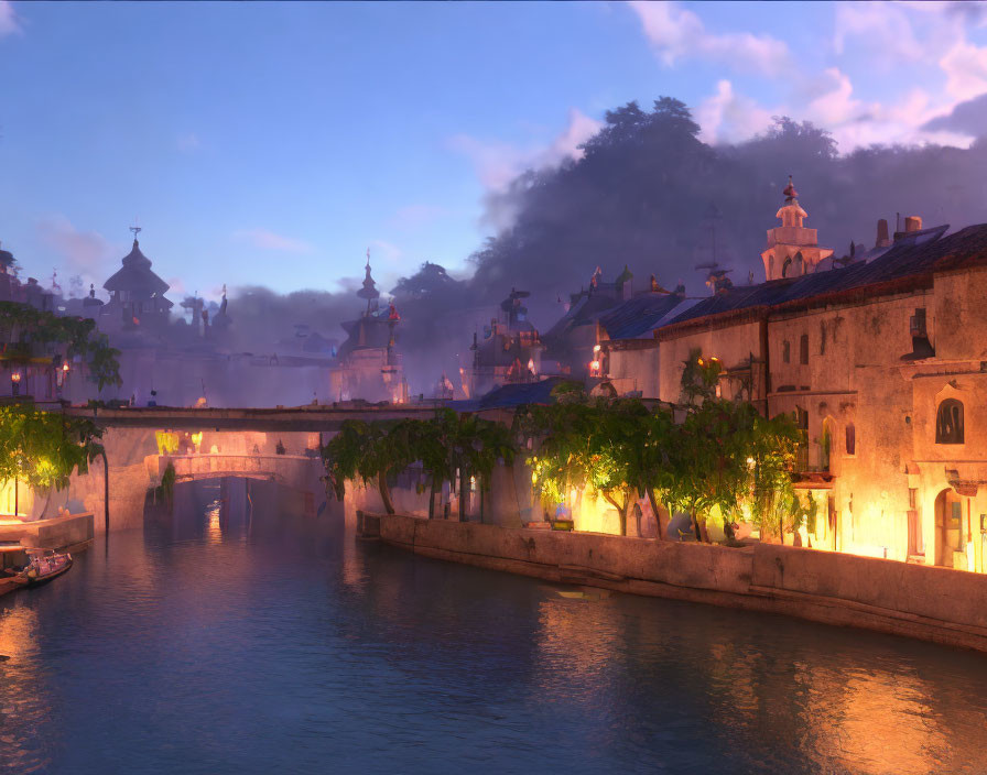 Serene canal town at twilight with illuminated trees and old-world architecture