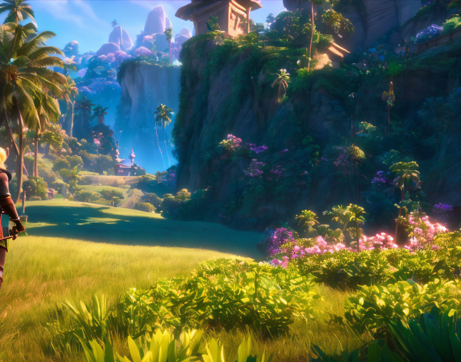 Vibrant Flora, Waterfalls, and Ruins in Green Landscape