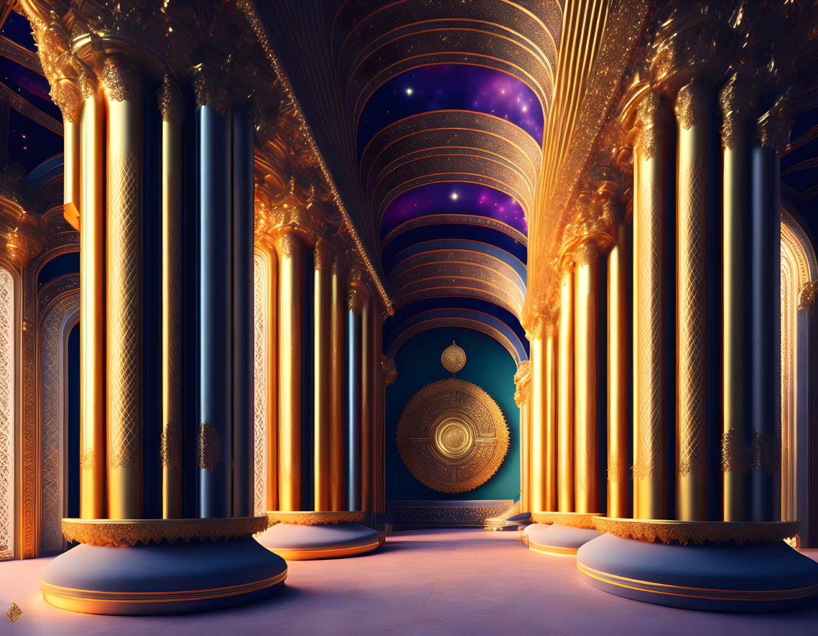 Opulent hall with tall columns and starry ceiling