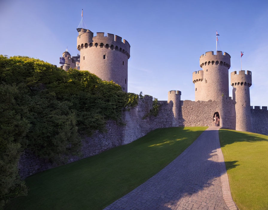 Medieval castle with round towers, flags, stone wall, lawn, and arched entrance