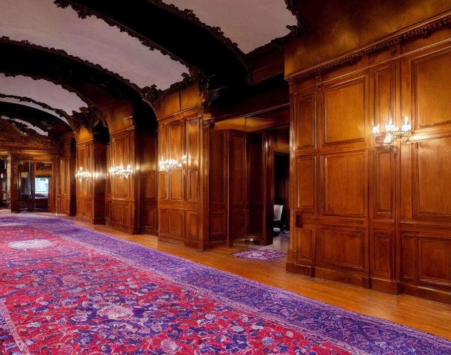 Luxurious hallway with wooden paneling, wall sconces, and ornate carpet